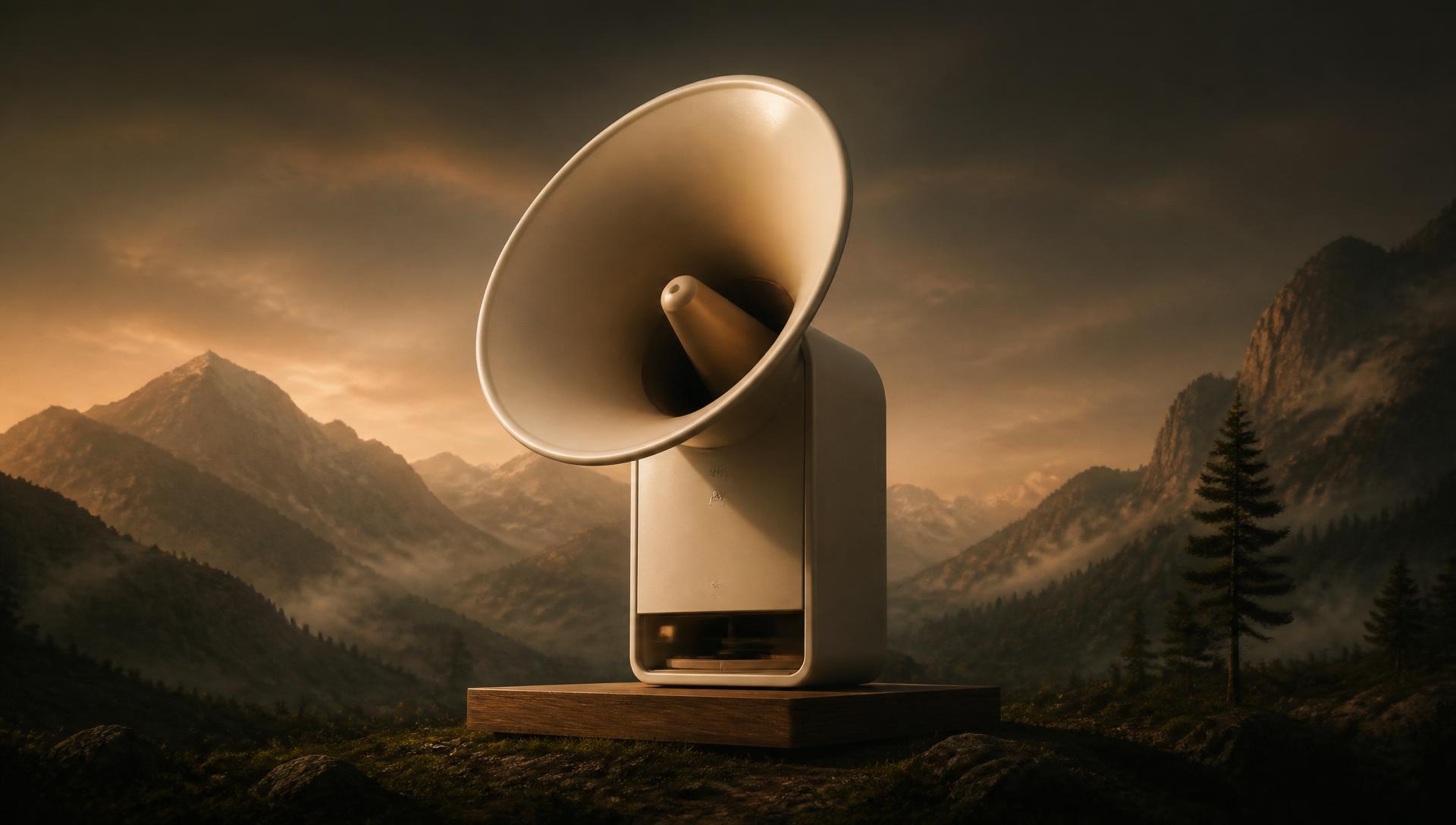 Ein Haigner-Horn auf einem hölzernen Sockel in einer nebligen Alpenlandschaft bei Abendlicht.