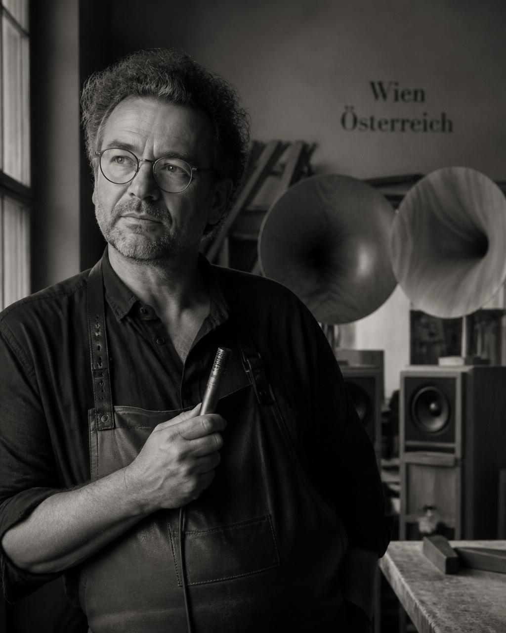 David Haigner in seiner Wiener Werkstatt – schwarz-weiß Portrait.